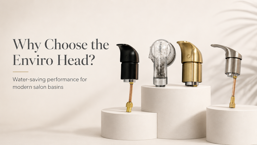 The karma Enviro Head Set with Flip Mixer on white pedestals in matte black, brushed nickel and brushed gold