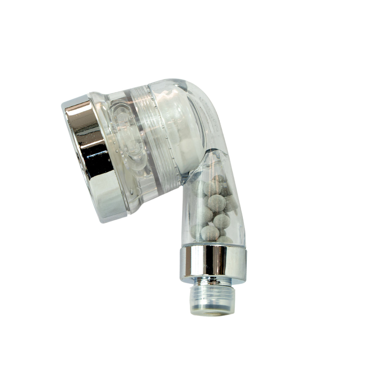 A clear plastic and chrome 90-degree elbow filter attachment for a water filter system, shown on a solid white background.