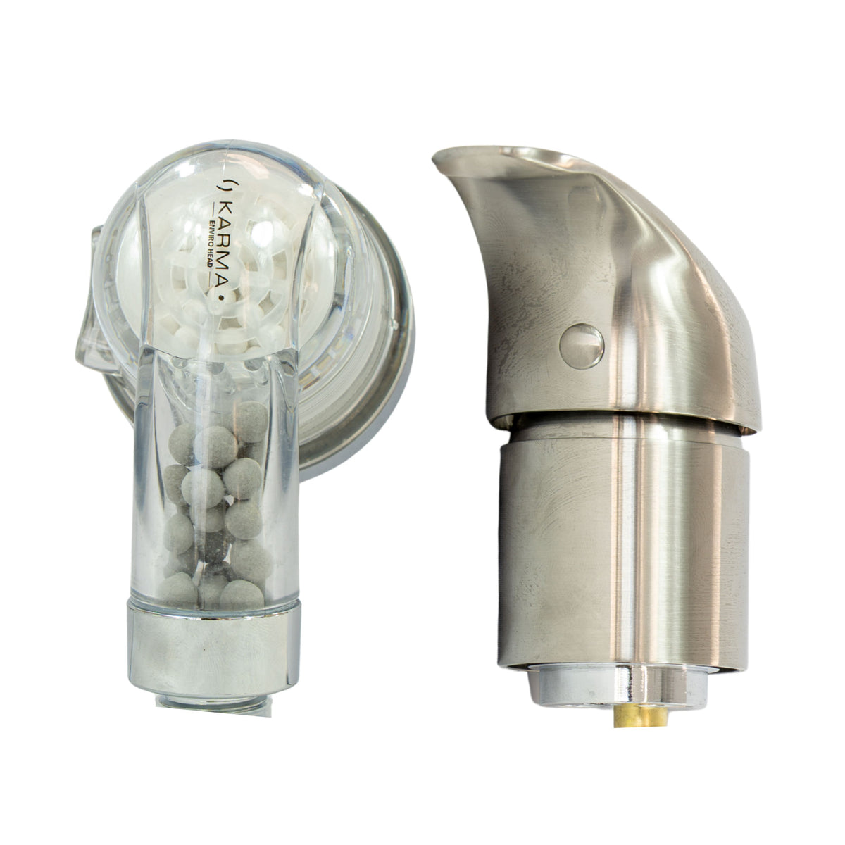 2 Head set, one with brushed nickel, and the other plastic clear.