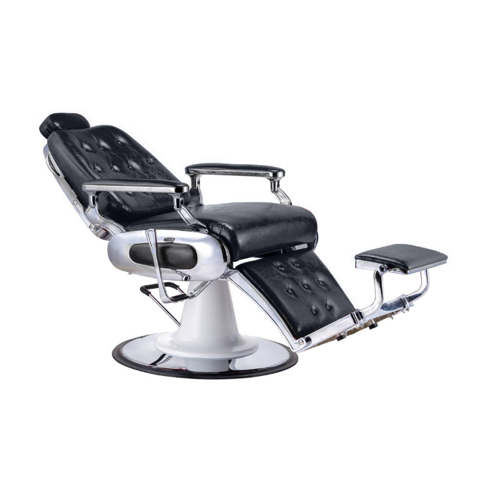 Reclining barber chair black with chrome accents 