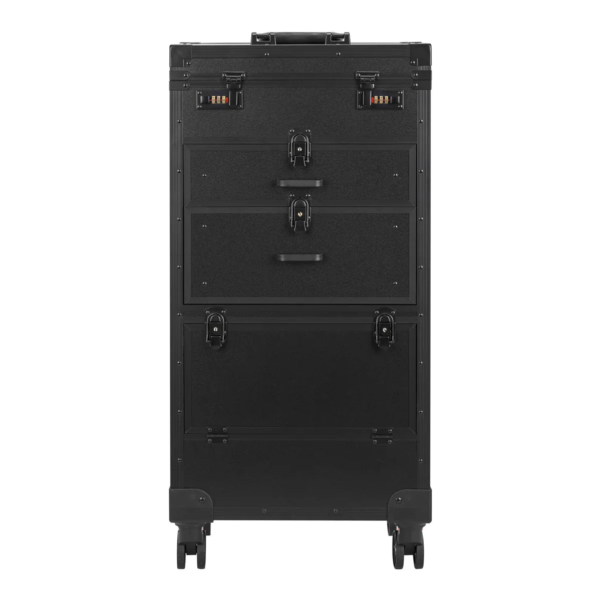 A black metal rolling storage case with three drawers, lockable latches, and caster wheels, shown against a plain white background.