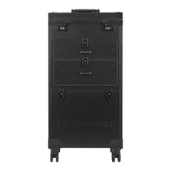 A black metal rolling storage case with three drawers, lockable latches, and caster wheels, shown against a plain white background.