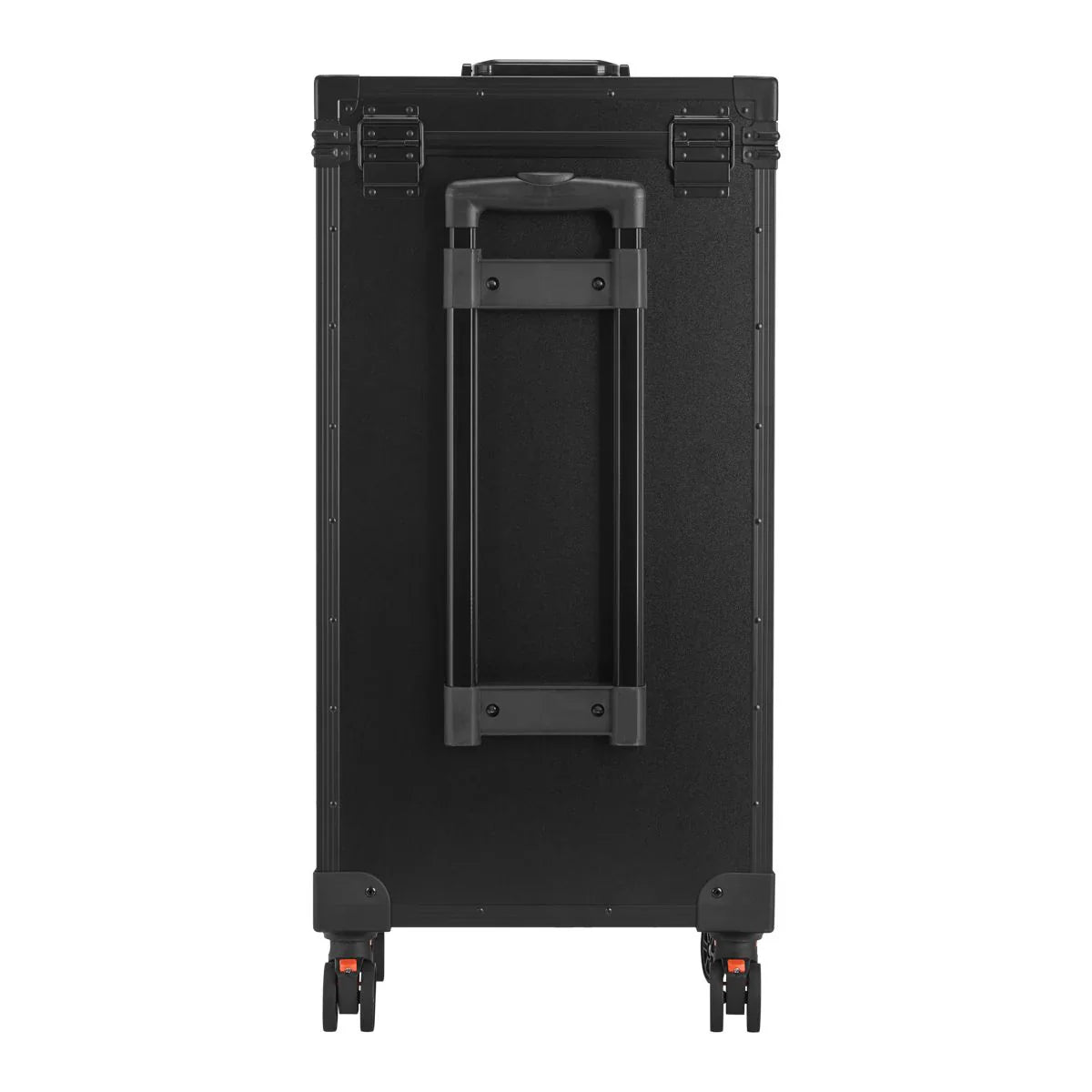 Black flight case with wheels and handle on a white background