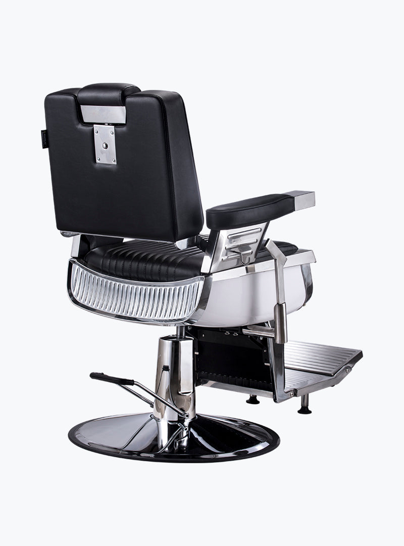 retro style black and chrome barber chair 
black leather with chrome accents