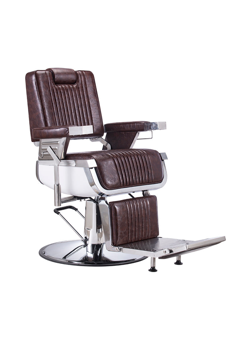 Retro barber chair in brown leather and chrome detailing