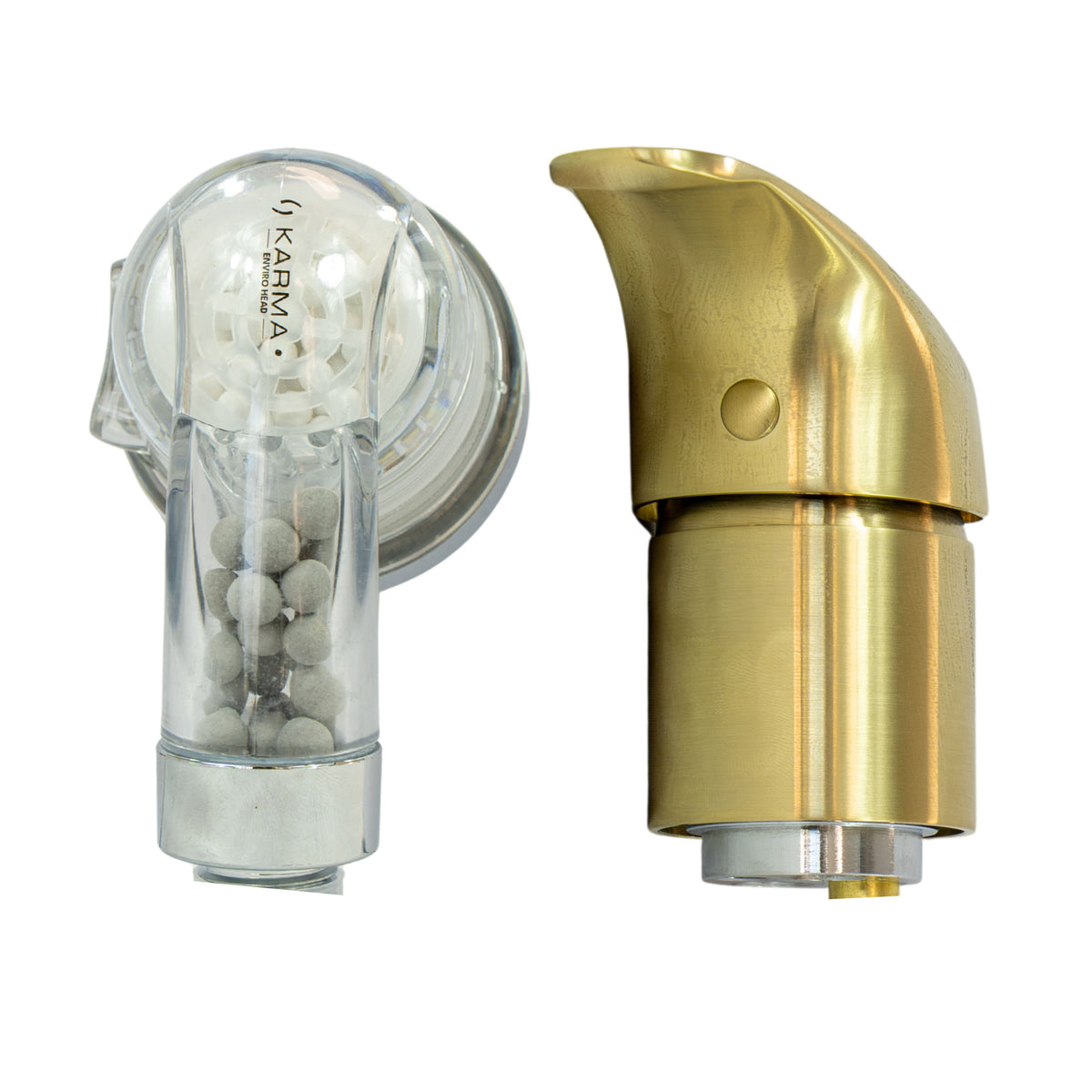 2 Tap Head set, one with clear plastic and one with brushed gold with a white background.