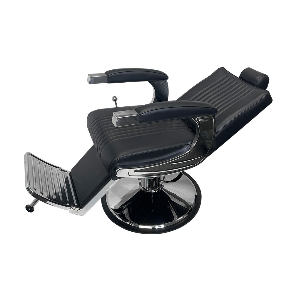 Black barber chair with chrome base on a white background