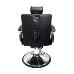 Black barber chair with chrome base on a white background