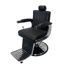 Classic Barber chair with black vinyl and chrome accents side angle