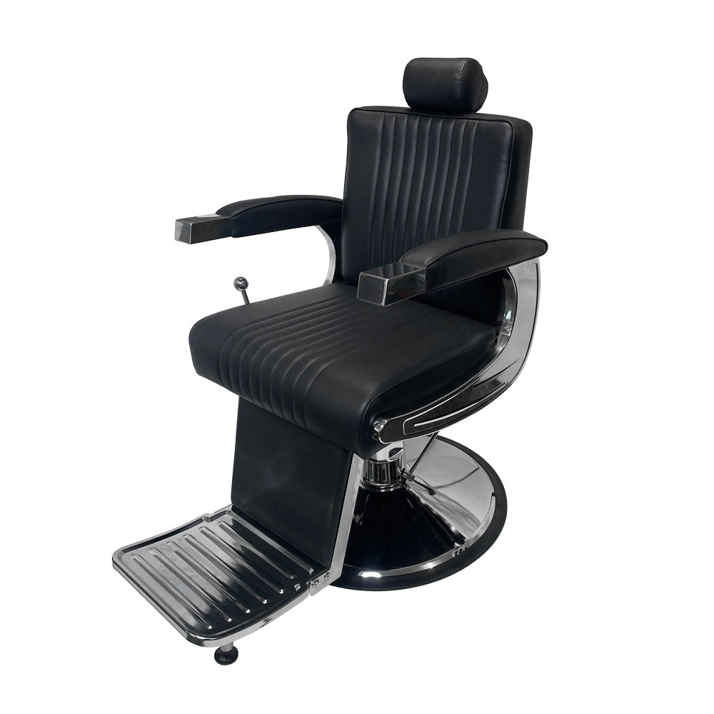 Classic Barber chair with black vinyl and chrome accents side angle