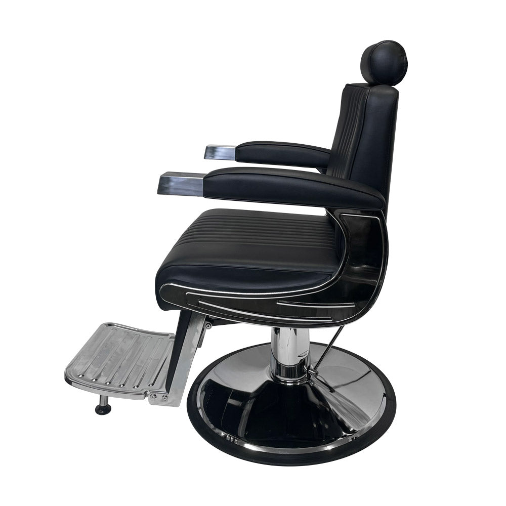 Classic Barber chair with black vinyl and chrome accents side view 