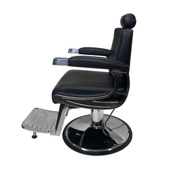 Classic Barber chair with black vinyl and chrome accents side view 
