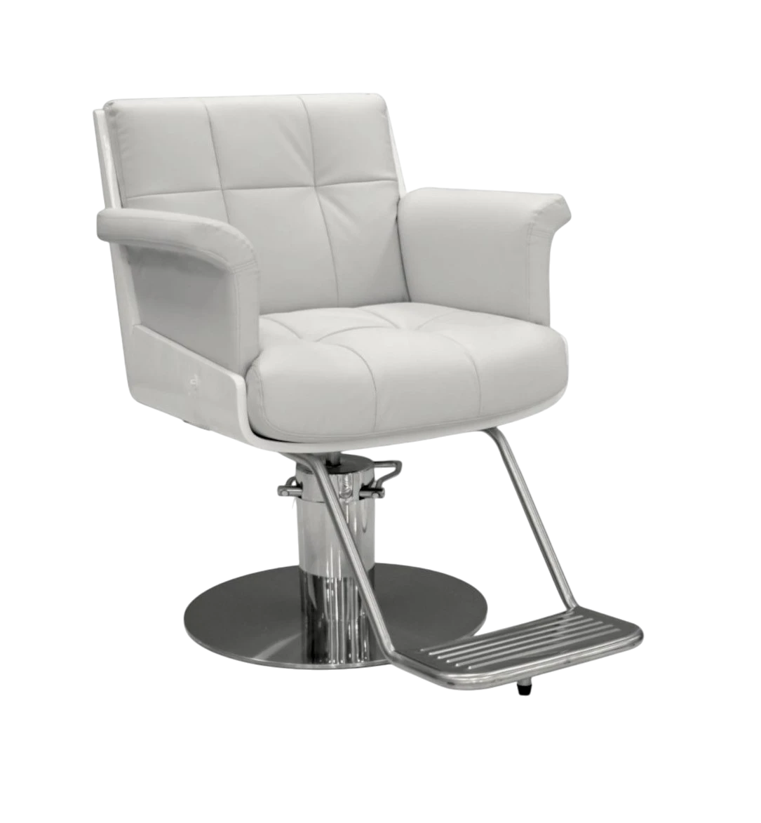 White leather salon chair with chrome base on a white background