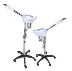 Two white hair styling tools with stands on a white background