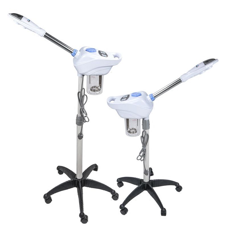 Two white hair styling tools with stands on a white background