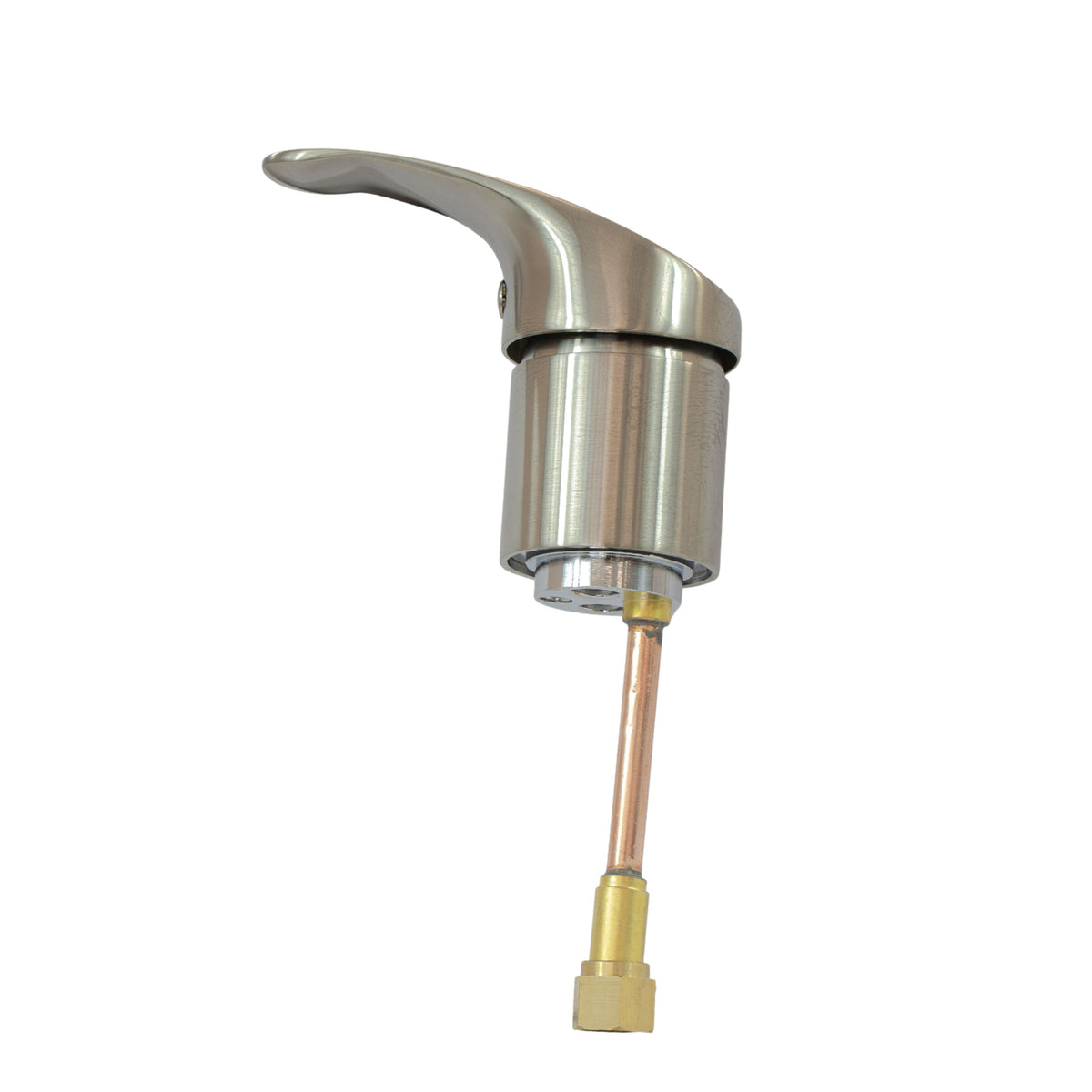 A single-handle commercial faucet with a brushed nickel body, copper tube, and brass fitting, isolated on a white background.