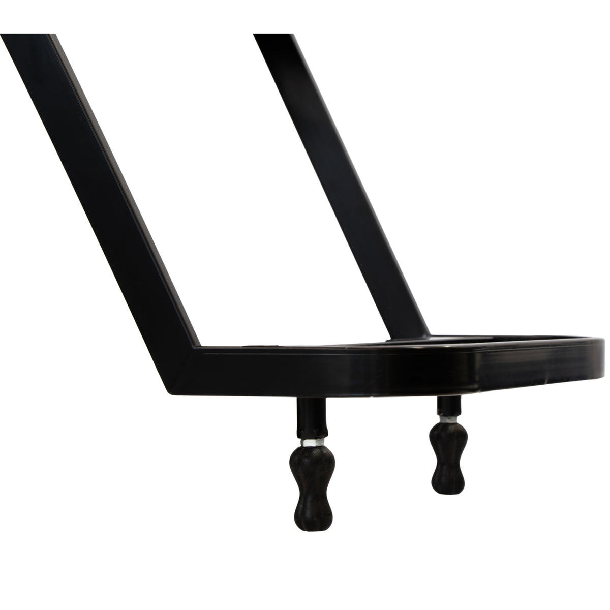 Karma Bowral Barber Chair in black showing close up of the foot rest feature.