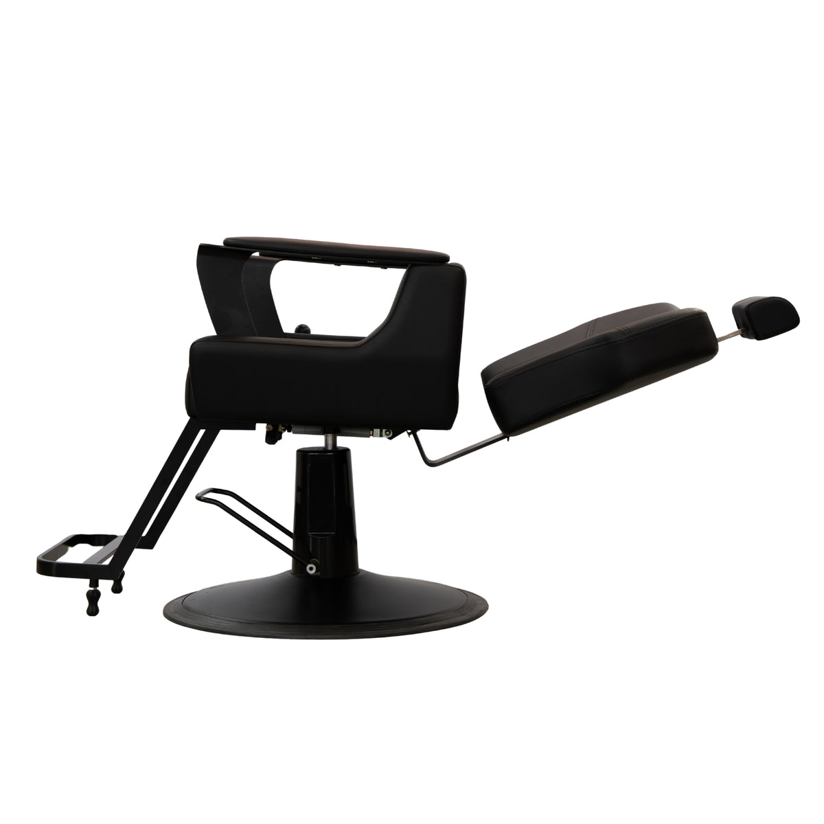 Karma Bowral Barber Chair in black showing flat lean.