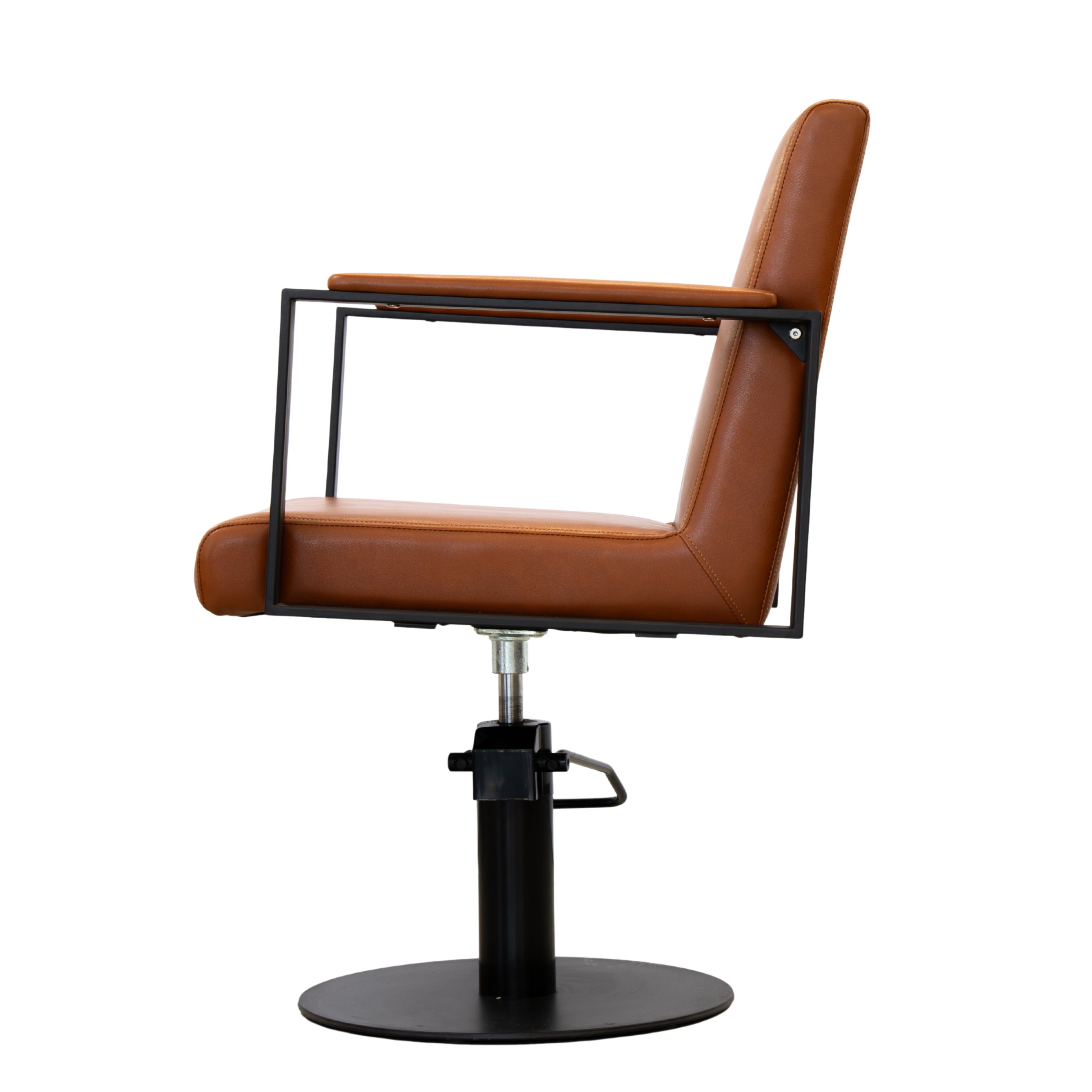 Side view of the Karma Albury salon chair in toffee showing the chair profile and black base
