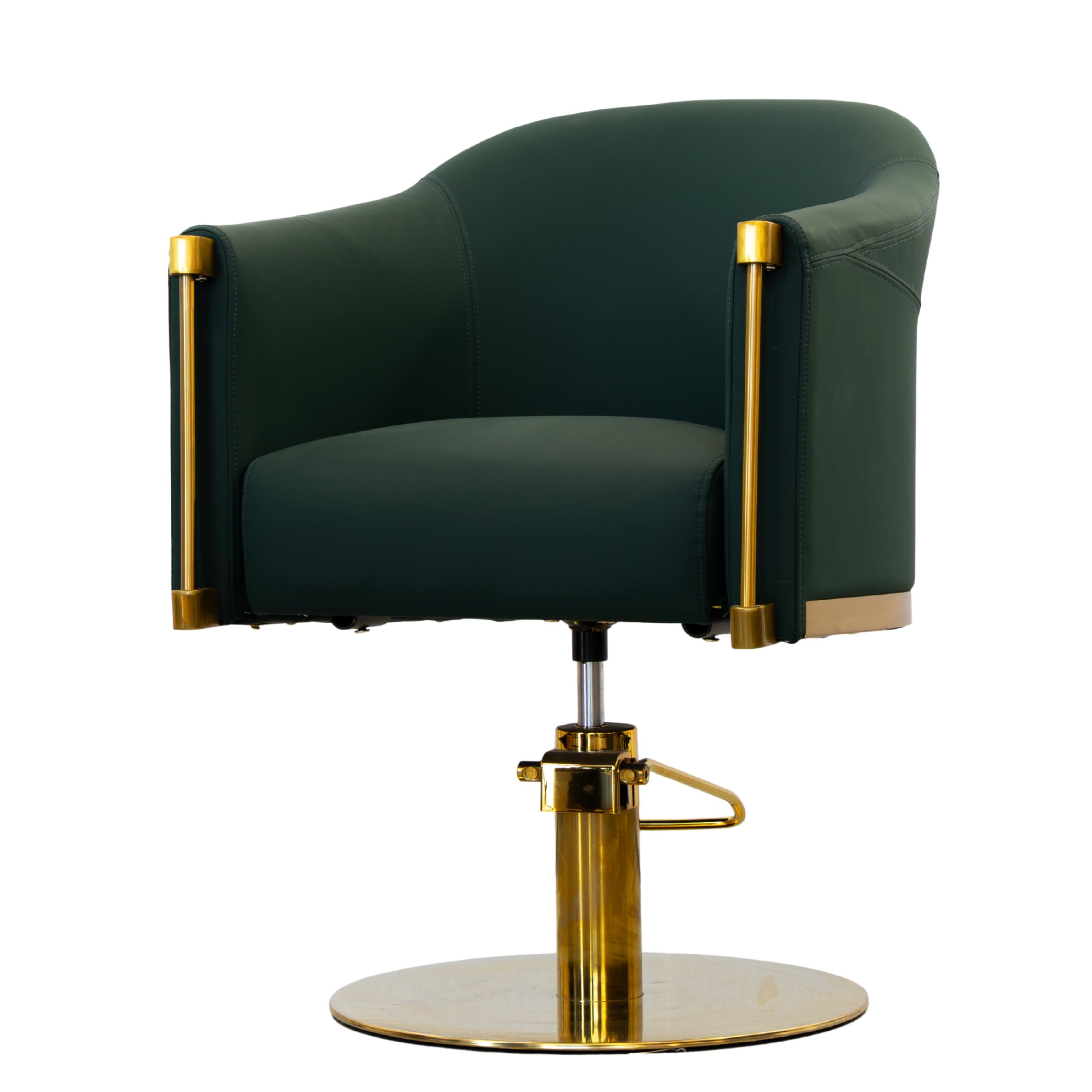 Karma Eden salon chair in emerald green with gold base and matching footrest