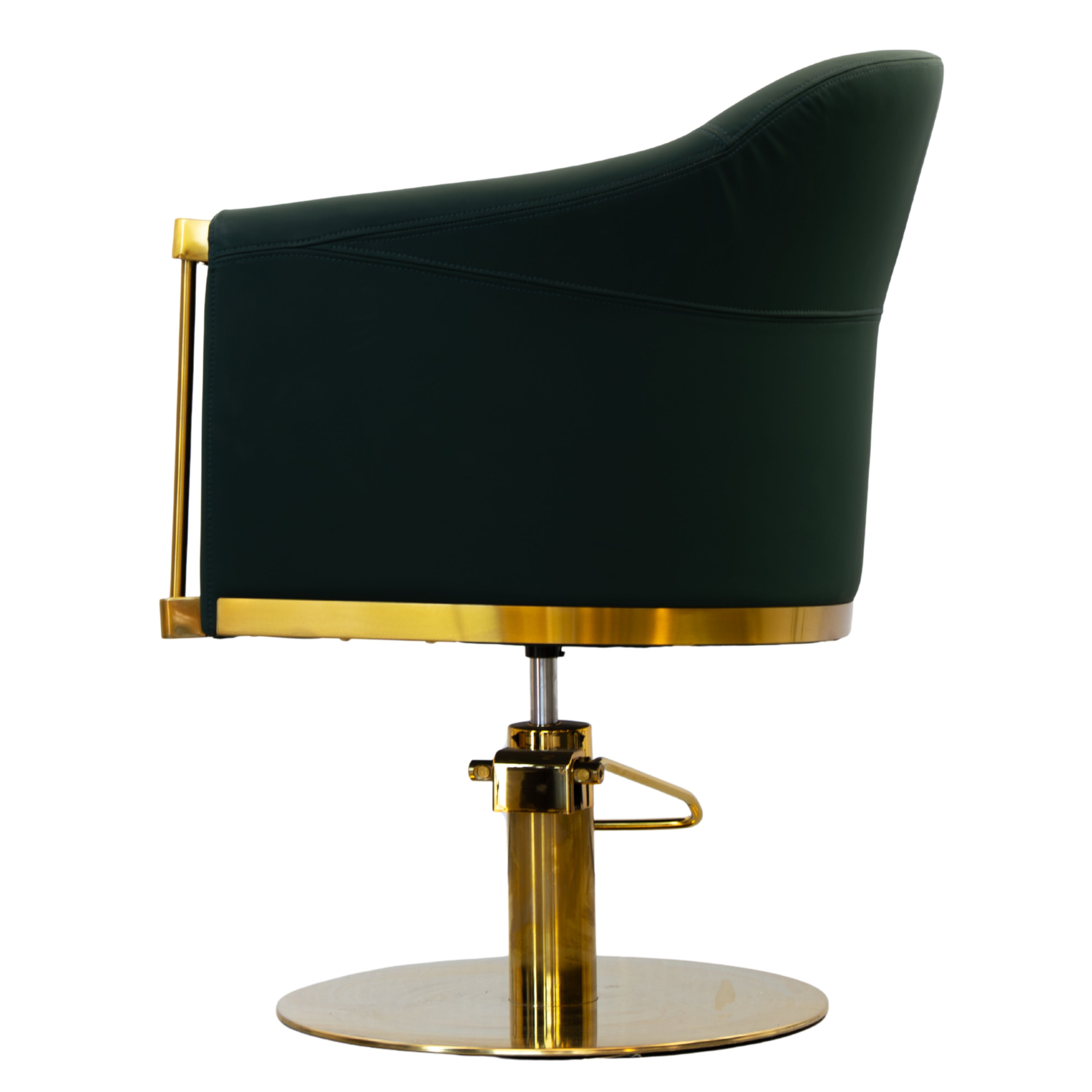 Side view of the Karma Eden salon chair in emerald green showing the curved armrests and gold base