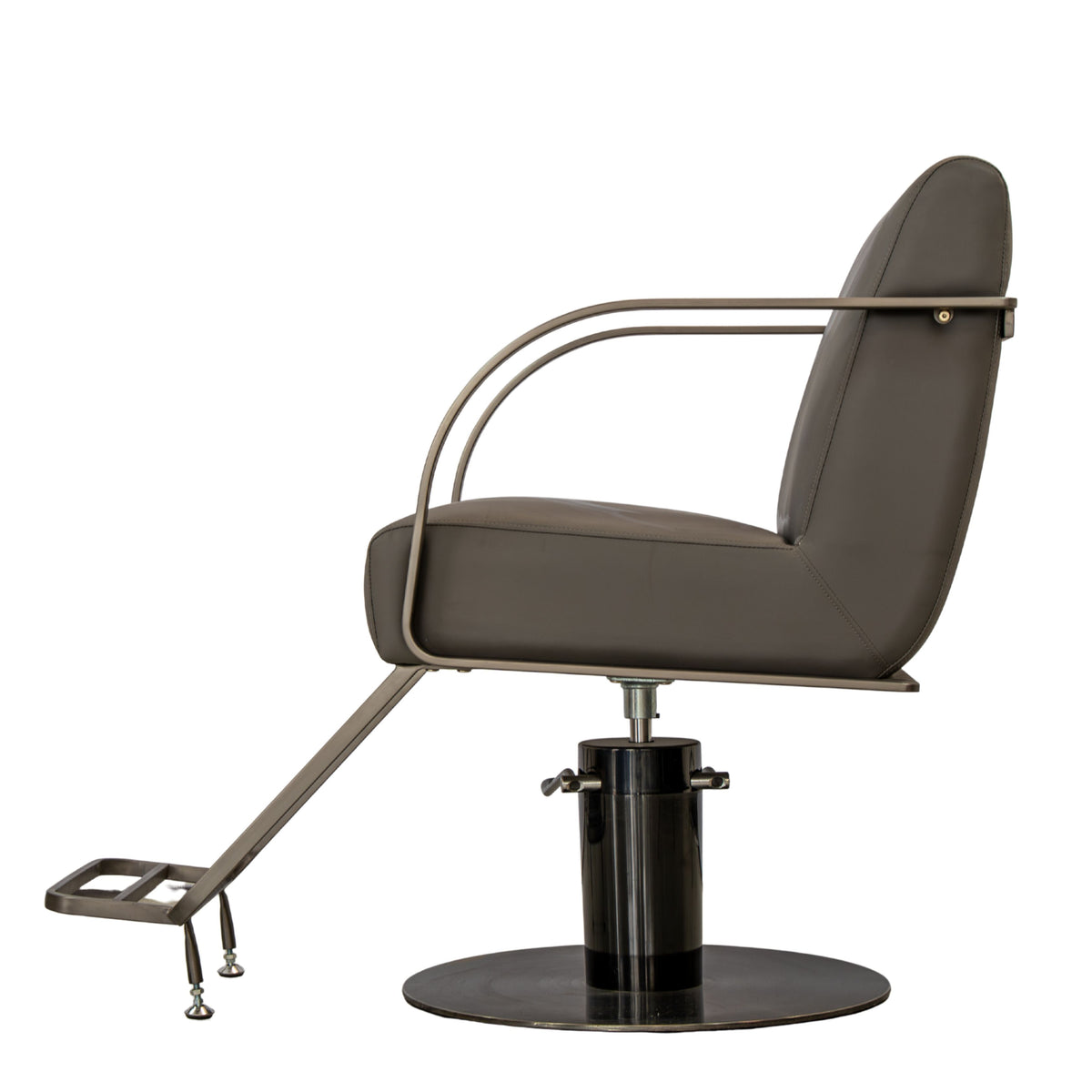 Side view of the Karma Gosford salon chair in dark grey with black base