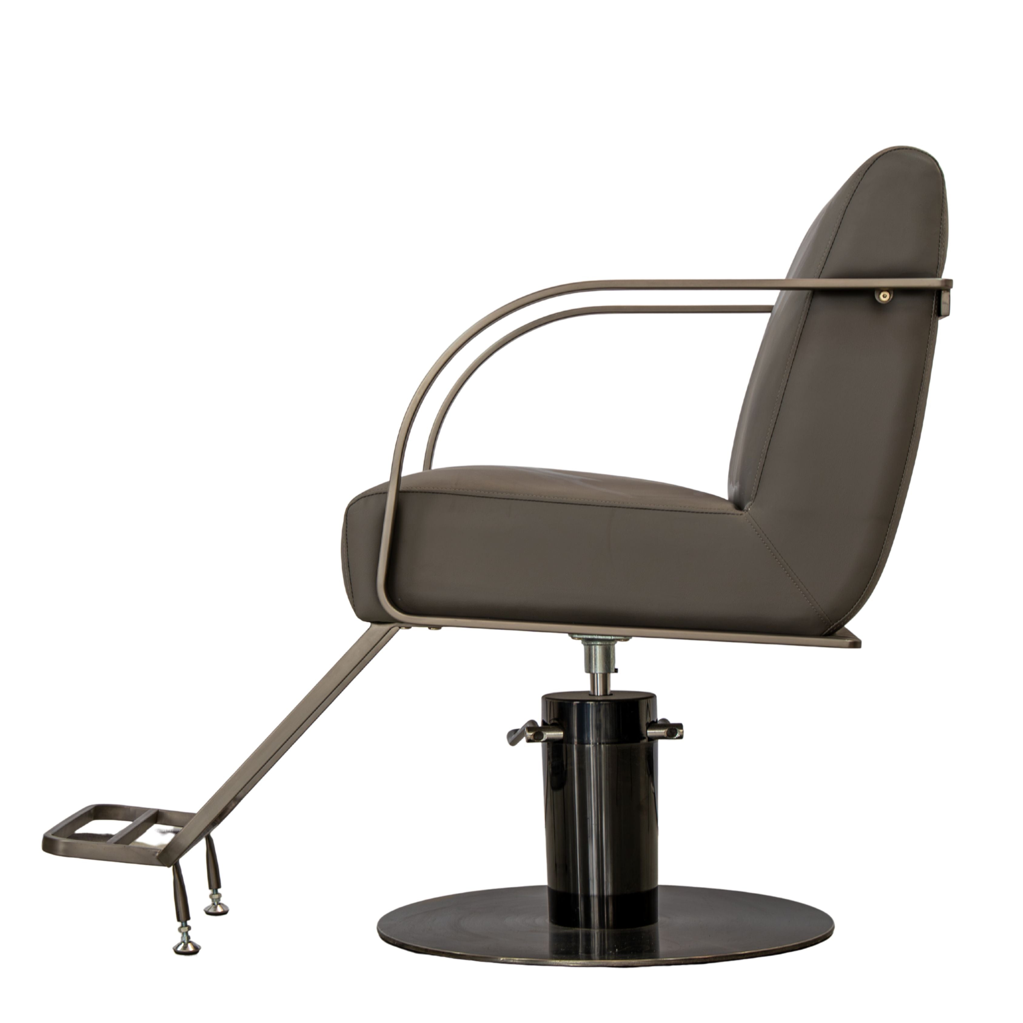 Side view of the Karma Gosford salon chair in dark grey with black base