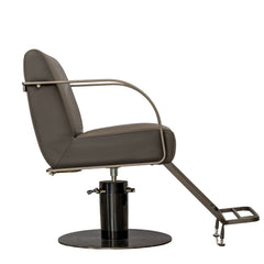 Alternate side view of the Karma Gosford salon chair showing the dark grey upholstery and black hydraulic base