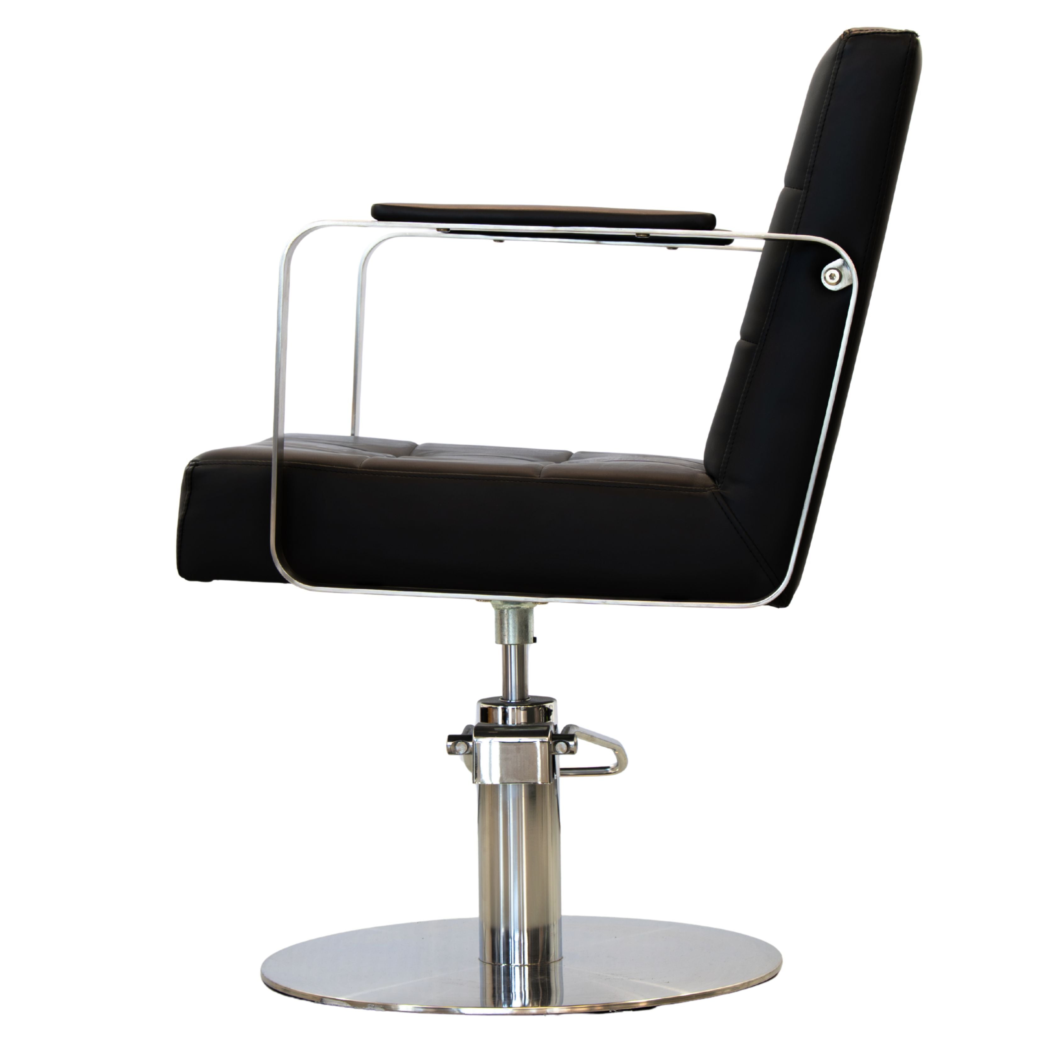 Side view of the Karma Lithgow salon chair in black showing the tufted backrest and silver base