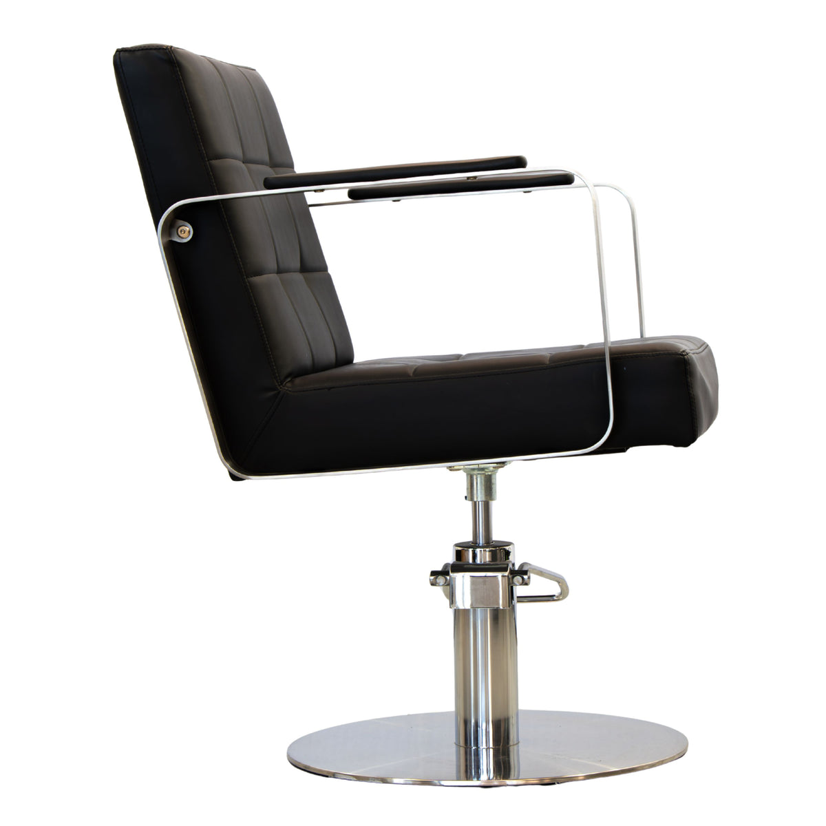 Alternate side view of the Karma Lithgow salon chair in black showing the chair profile and metallic armrests