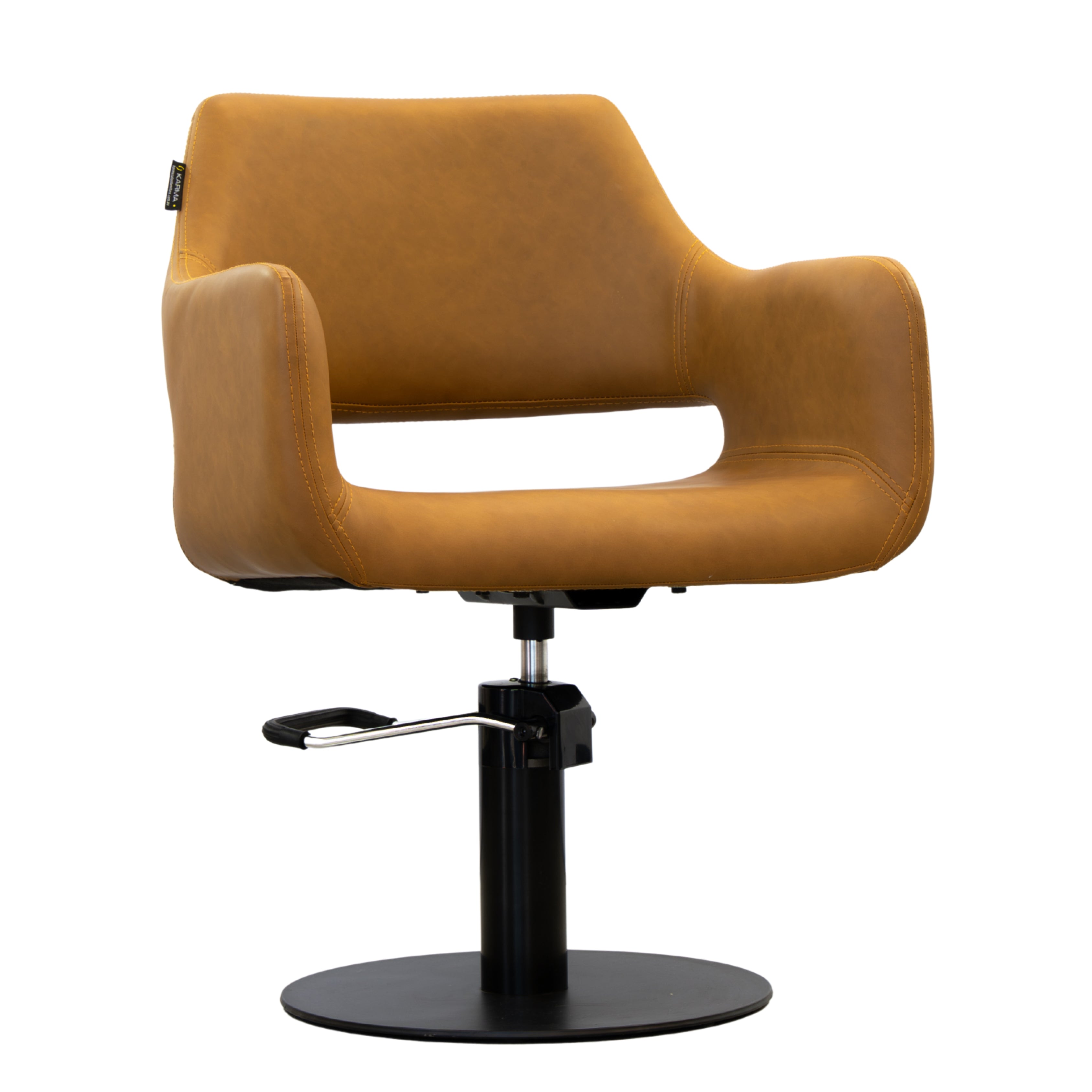 Karma Mudgee salon chair in tan with black round base and hydraulic pump