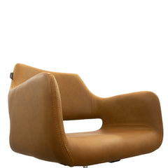 Close-up of the Karma Mudgee salon chair in tan showing the open-back design