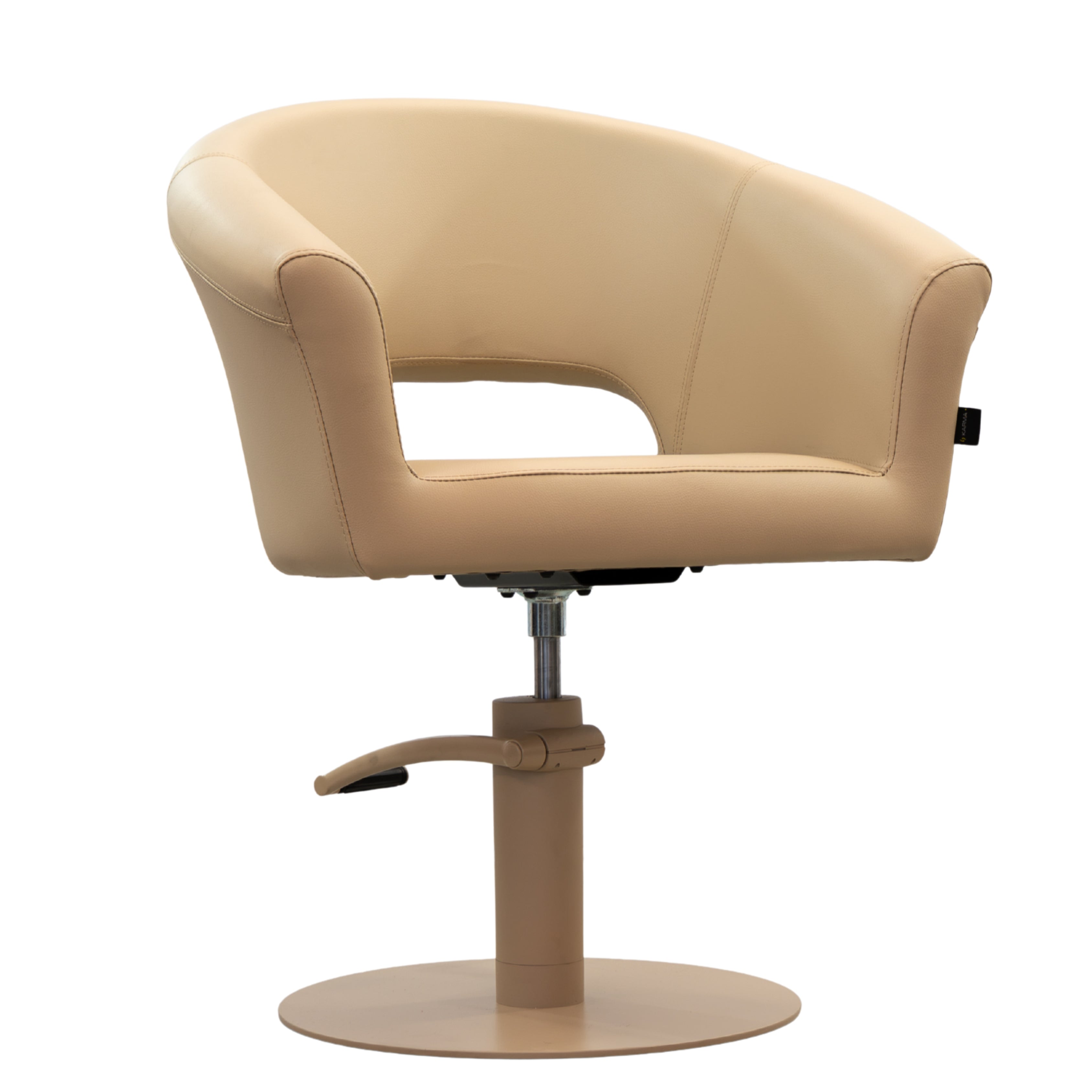Karma Nundle salon chair in champagne with curved armrests and round hydraulic base