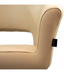 Close-up of the Karma Nundle salon chair hydraulic base and round platform in champagne finish