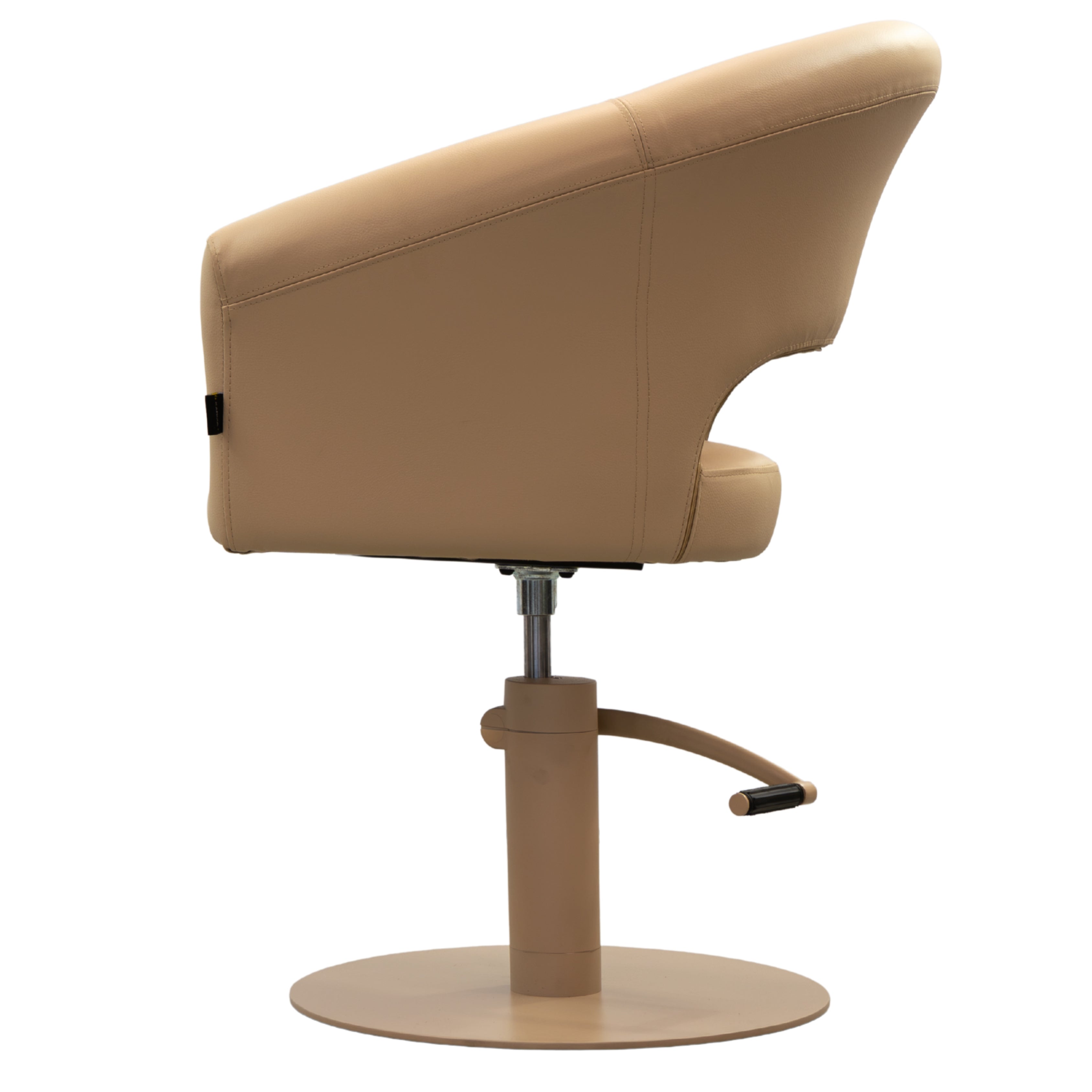Side view of the Karma Nundle salon chair in champagne showing the curved seat and supportive backrest