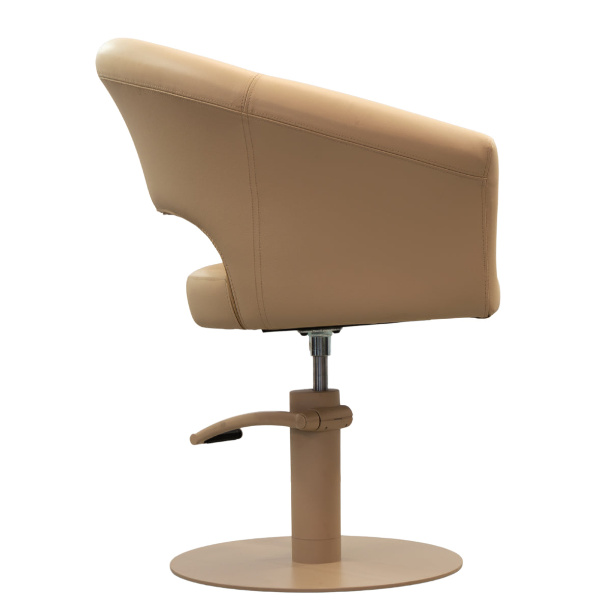 Alternate side view of the Karma Nundle salon chair in champagne showing the chair profile and round base
