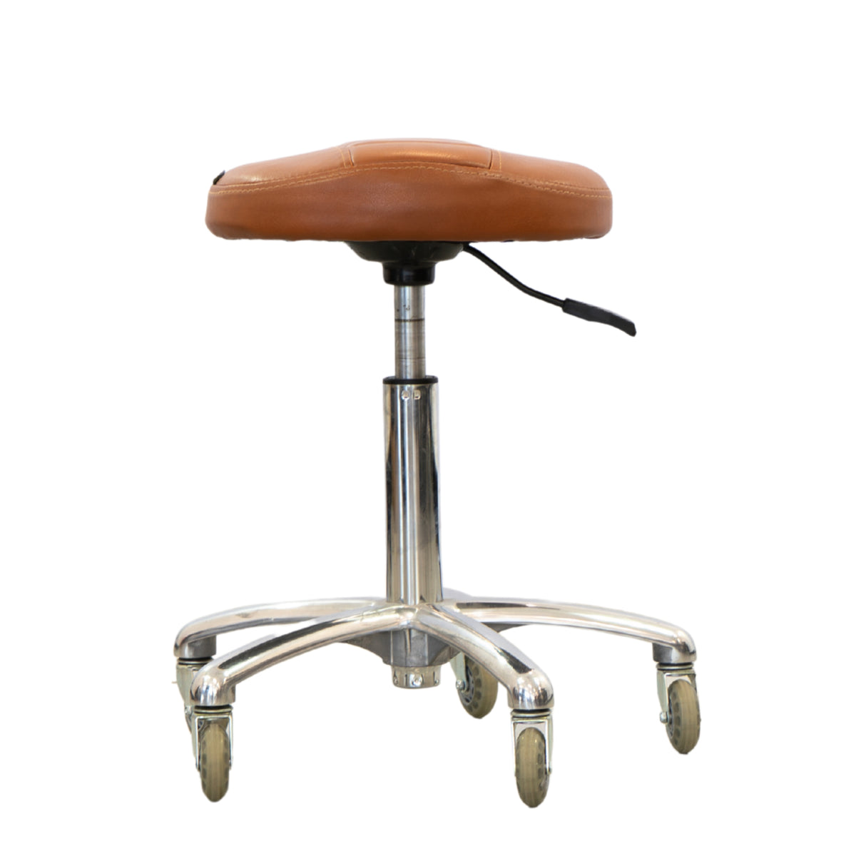 Side view of the Karma Burnie salon cutting stool in tan showing the padded seat and aluminium base